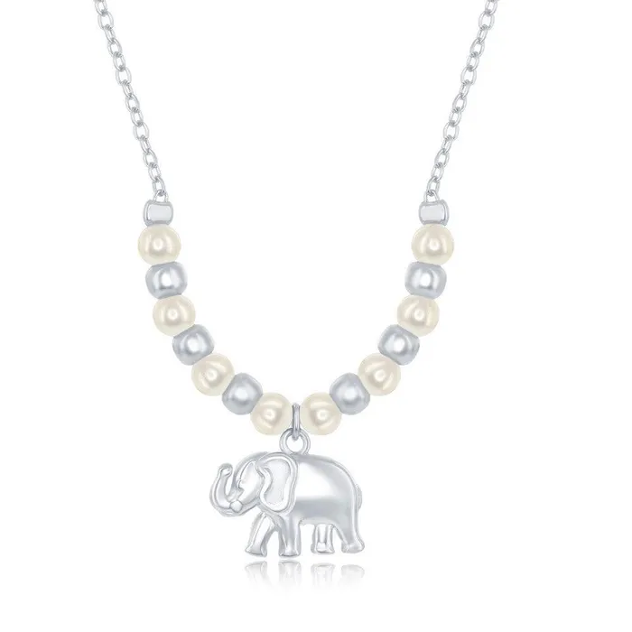 Classic Necklaces Sterling Silver FWP and Plain Bead Elephant Charm Necklace Classic Necklaces Sterling Silver FWP and Plain Bead Elephant Charm Necklace