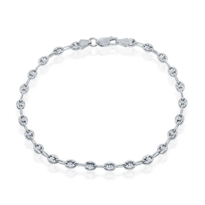 Classic Rings Sterling Silver 4mm Puffed Marina Anklet Rhodium Plated