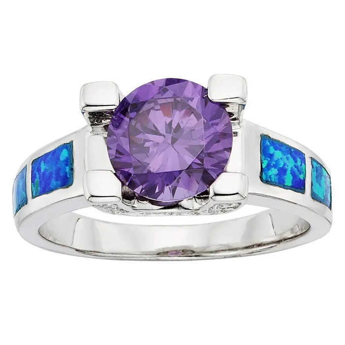 Classic Rings Sterling Silver Blue Opal and Amethyst Circle CZ Ring W9462