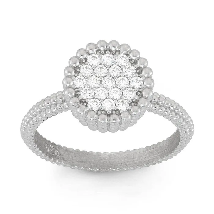 Classic Rings Sterling Silver Small Round CZ with Beaded Border Ring Size 8