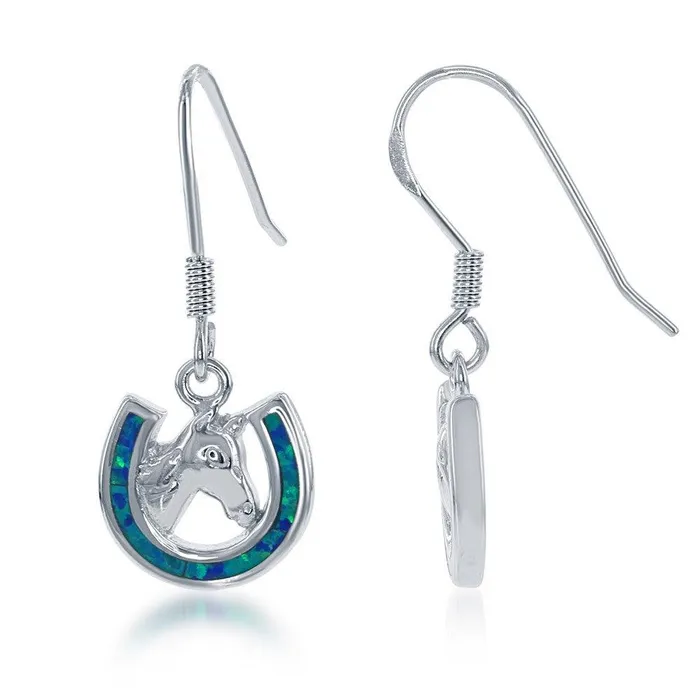 Classic Sterling Silver Blue Inlay Opal Horseshoe with Center Horse Earrings Earrings Classic Sterling Silver Blue Inlay Opal Horseshoe with Center Horse Earrings Earrings