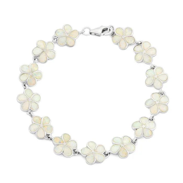 Classic Sterling Silver White Inlay Opal Flower Link Bracelet 7 Bracelets