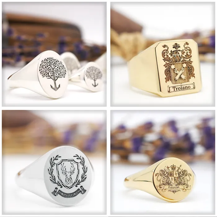 deBebians Rings Mens Oval Signet Ring Extra Large Laser Engraved Family Crest Logo