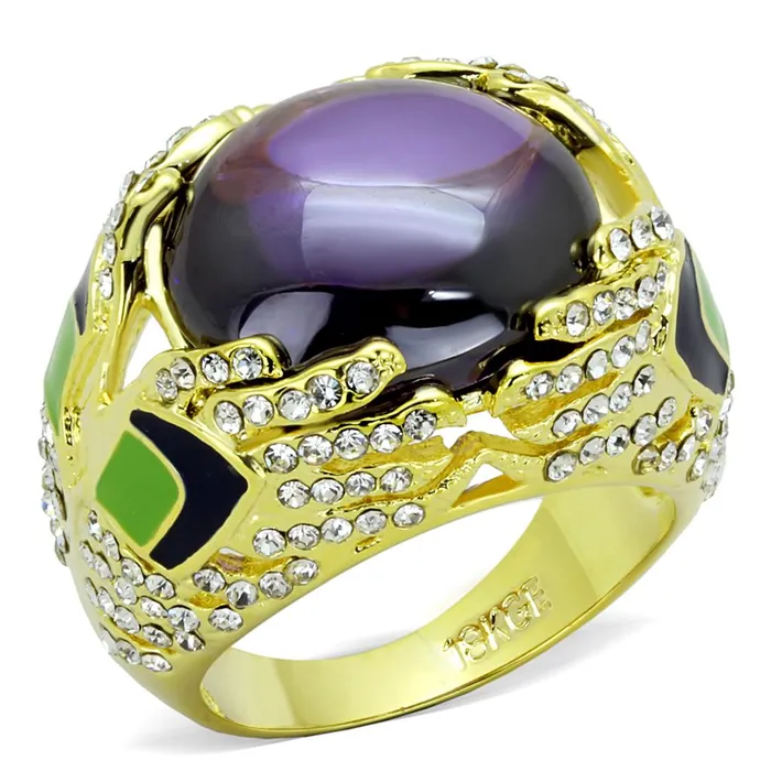LO3367 Gold Brass Ring with AAA Grade CZ in Amethyst Alamode Rings