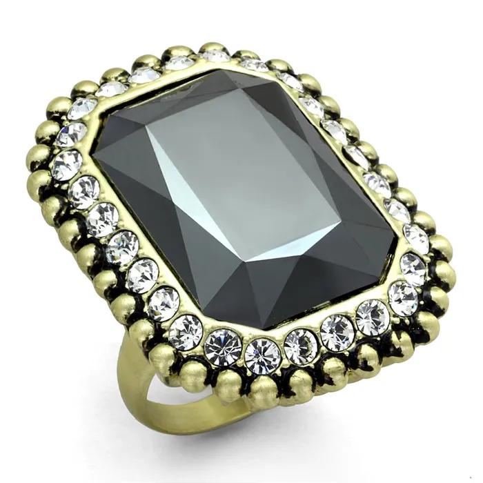 LO3511 Gold Brush Brass Ring with Top Grade Crystal in Hematite Alamode Rings LO3511 Gold Brush Brass Ring with Top Grade Crystal in Hematite Alamode Rings
