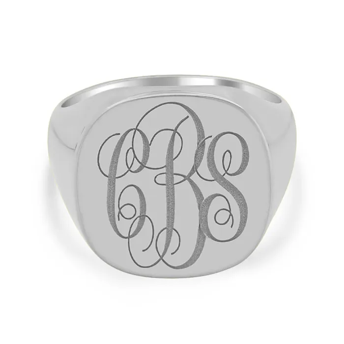Mens Square Signet Ring Large Laser Engraved Script Monogram deBebians Rings