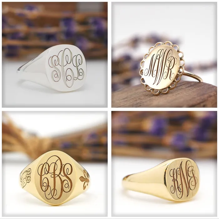 Mens Square Signet Ring Large Laser Engraved Script Monogram deBebians Rings