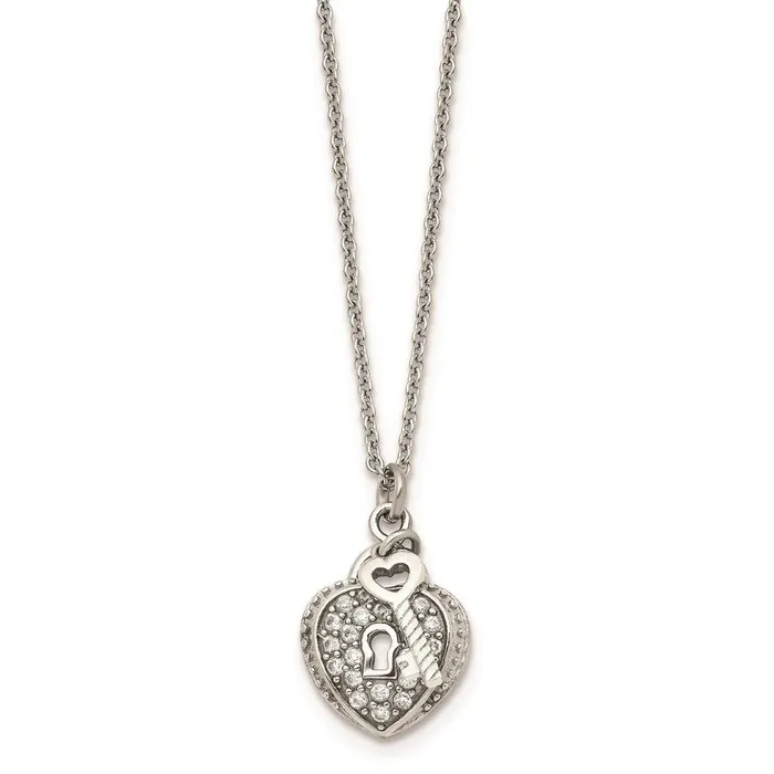 Necklaces Chisel Stainless Steel CZ Heart Lock and Key Pendant Necklace