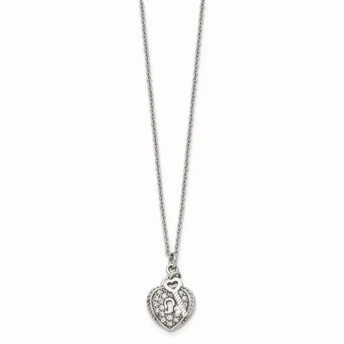 Necklaces Chisel Stainless Steel CZ Heart Lock and Key Pendant Necklace Necklaces Chisel Stainless Steel CZ Heart Lock and Key Pendant Necklace