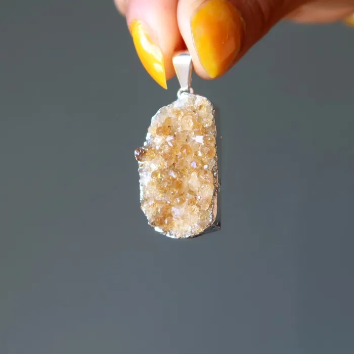 Necklaces Citrine Pendant Rich Honey Money Cluster Silver Satin Crystals