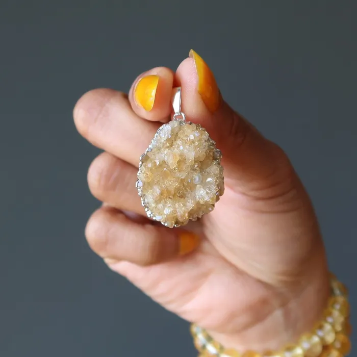 Necklaces Citrine Pendant Rich Honey Money Cluster Silver Satin Crystals