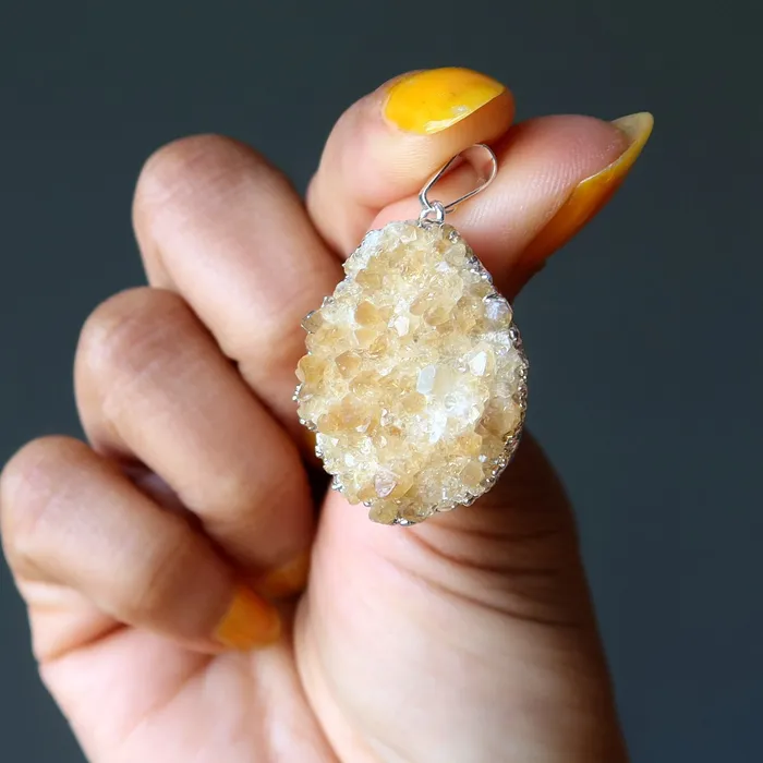 Necklaces Citrine Pendant Rich Honey Money Cluster Silver Satin Crystals