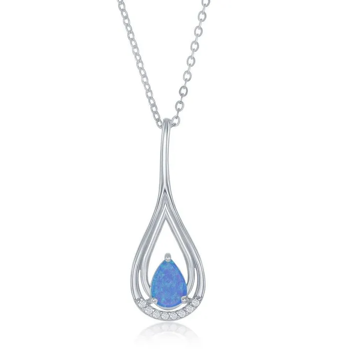 Necklaces Classic Sterling Silver Blue Opal Pear Shaped CZ Pendant