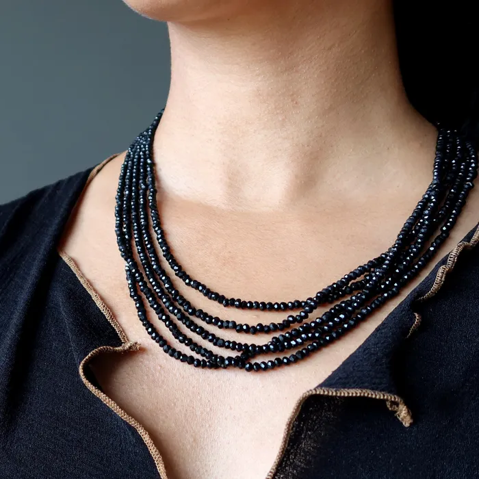 Necklaces Satin Crystals Spinel Necklace Black Empress Gem Faceted 5Strand