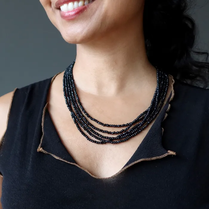 Necklaces Satin Crystals Spinel Necklace Black Empress Gem Faceted 5Strand