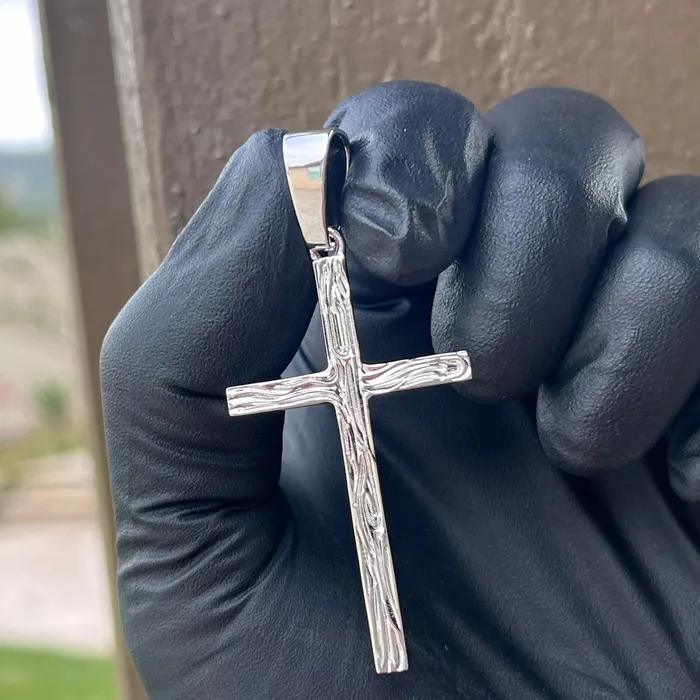 Real Solid 925 Sterling Silver Cross Pendant Simulated Wood Grain 2 Harlem Necklaces