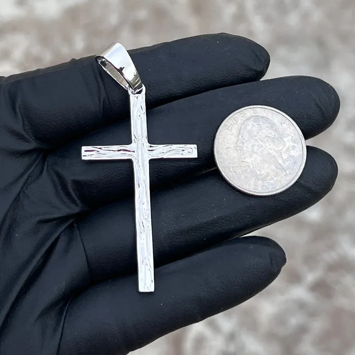 Real Solid 925 Sterling Silver Cross Pendant Simulated Wood Grain 2 Harlem Necklaces