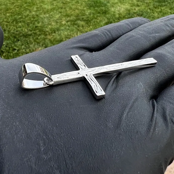 Real Solid 925 Sterling Silver Cross Pendant Simulated Wood Grain 2 Harlem Necklaces