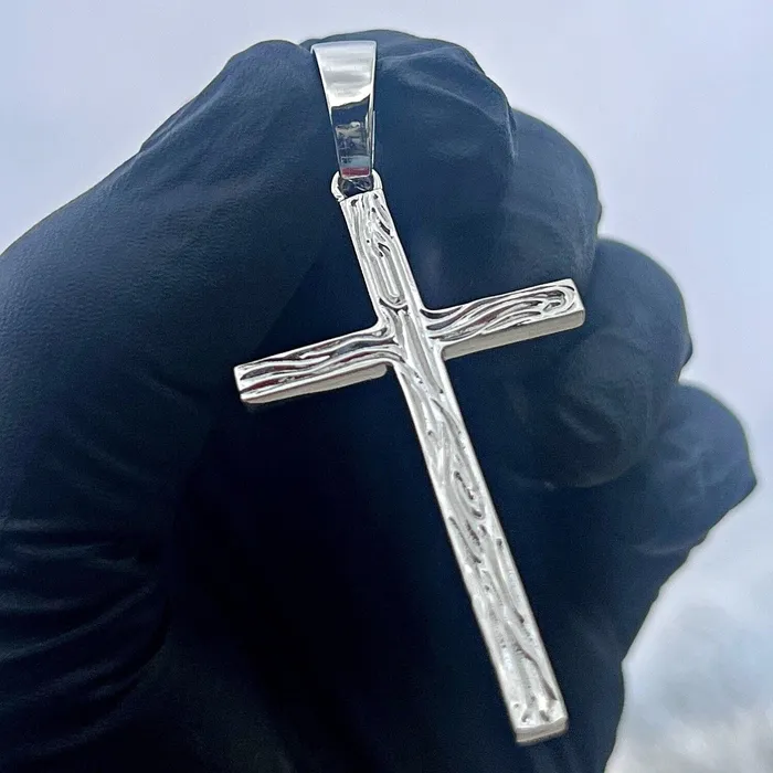 Real Solid 925 Sterling Silver Cross Pendant Simulated Wood Grain 2 Harlem Necklaces