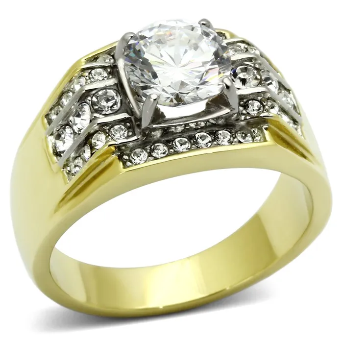Rings Alamode TK736 TwoTone IP Gold Ion Plating Stainless Steel Ring with AAA Grade CZ in Clear Rings Alamode TK736 TwoTone IP Gold Ion Plating Stainless Steel Ring with AAA Grade CZ in Clear
