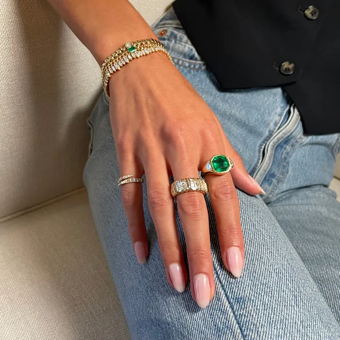 Rings anitako OCTAGONAL EMERALD AND TRAPEZOID DIAMOND BEZEL RING