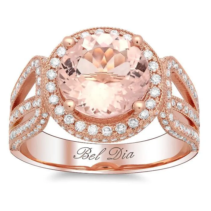 Rings deBebians Rose Gold Round Halo Engagement Ring with Morganite