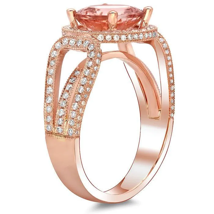 Rings deBebians Rose Gold Round Halo Engagement Ring with Morganite
