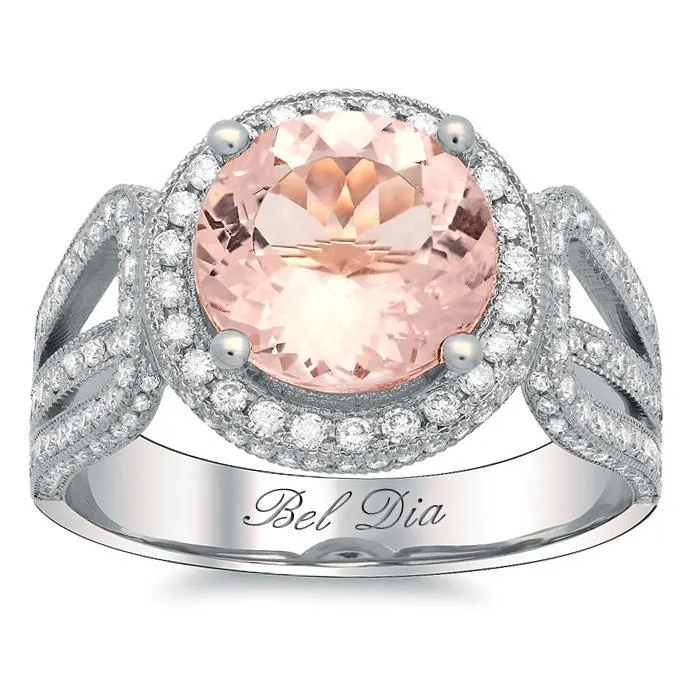 Rings deBebians Rose Gold Round Halo Engagement Ring with Morganite