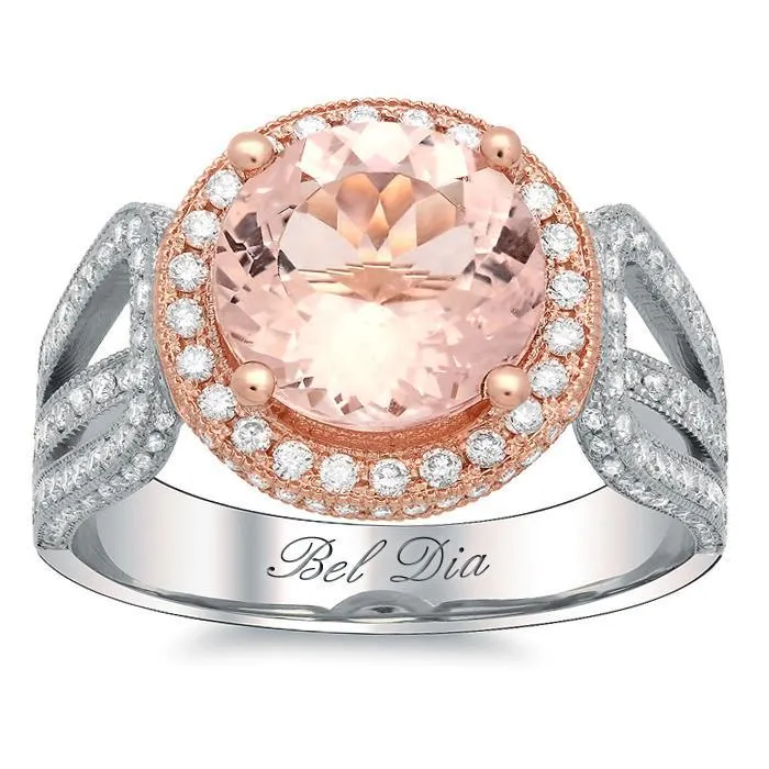 Rings deBebians Rose Gold Round Halo Engagement Ring with Morganite
