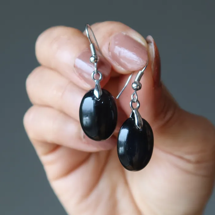 Satin Crystals Earrings Onyx Earrings Negative Energy Deflector Black Oval Crystal