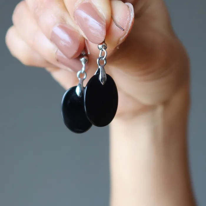 Satin Crystals Earrings Onyx Earrings Negative Energy Deflector Black Oval Crystal
