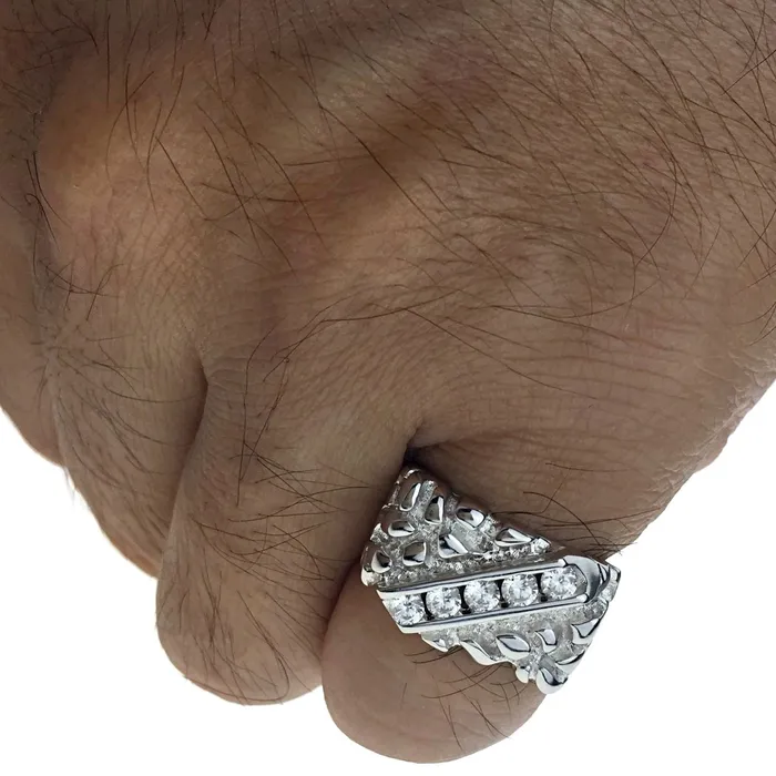 Solid 925 Sterling Silver Diagonal Iced CZ Nugget Ring Bling Cartel Admin Rings