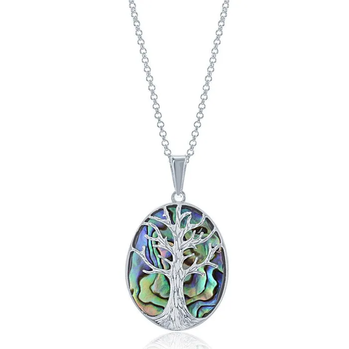 Sterling Silver Abalone Tree Pendant Oval Chain Classic Necklaces