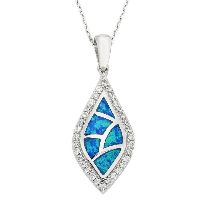 Sterling Silver Blue Inlay Opal CZ Border Pendant Classic Necklaces