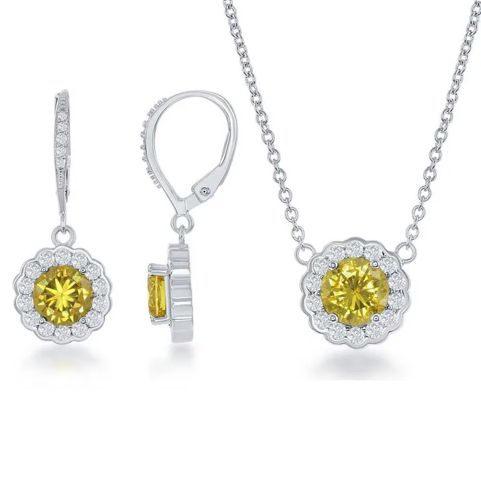 Sterling Silver November Birthstone With CZ Border Round Earrings and Necklace Set Classic Necklaces Sterling Silver November Birthstone With CZ Border Round Earrings and Necklace Set Classic Necklaces