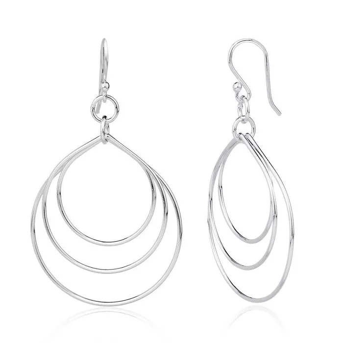 Sterling Silver Triple Open Teardrops Dangling Earrings Classic Earrings