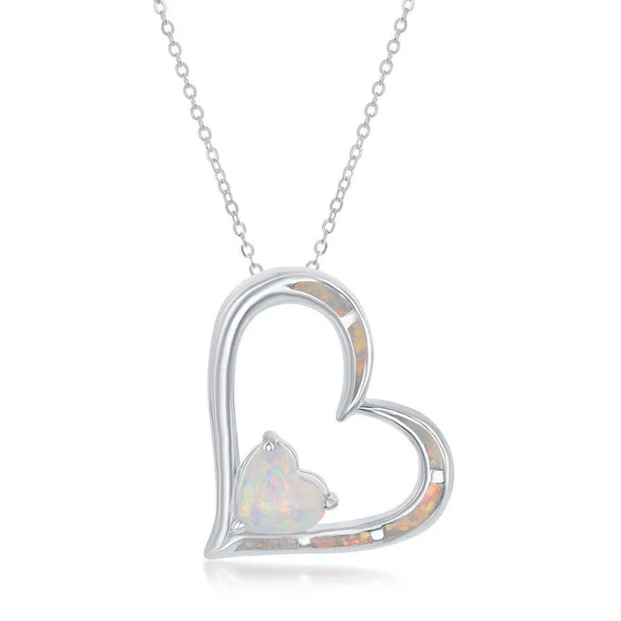 Sterling Silver White Inlay Double Heart Pendant Classic Necklaces