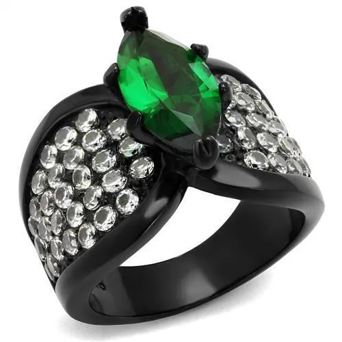 TK1548J IP BlackIon Plating Stainless Steel Ring with Synthetic Synthetic Glass in Emerald Alamode Rings