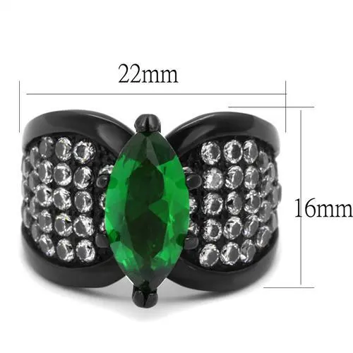 TK1548J IP BlackIon Plating Stainless Steel Ring with Synthetic Synthetic Glass in Emerald Alamode Rings