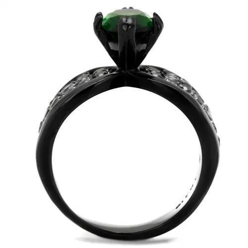 TK1548J IP BlackIon Plating Stainless Steel Ring with Synthetic Synthetic Glass in Emerald Alamode Rings