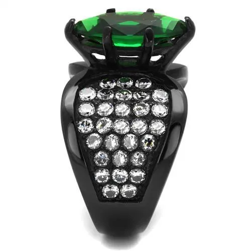 TK1548J IP BlackIon Plating Stainless Steel Ring with Synthetic Synthetic Glass in Emerald Alamode Rings