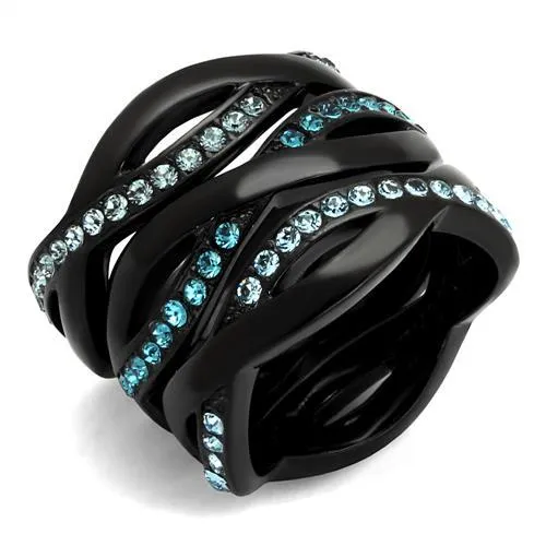 TK2492 IP BlackIon Plating Stainless Steel Ring with Top Grade Crystal in Sea Blue Alamode Rings TK2492 IP BlackIon Plating Stainless Steel Ring with Top Grade Crystal in Sea Blue Alamode Rings