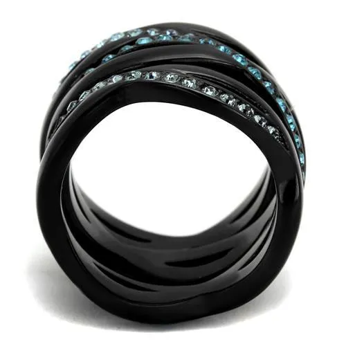 TK2492 IP BlackIon Plating Stainless Steel Ring with Top Grade Crystal in Sea Blue Alamode Rings