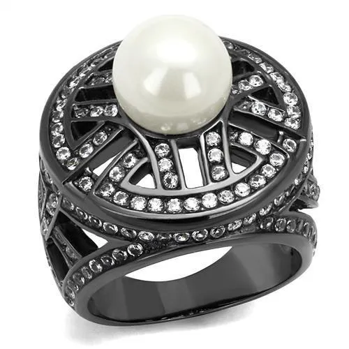 TK2771 IP Light Black IP Gun Stainless Steel Ring with Synthetic Pearl in White Alamode Rings TK2771 IP Light Black IP Gun Stainless Steel Ring with Synthetic Pearl in White Alamode Rings