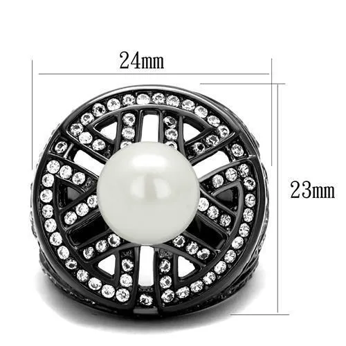 TK2771 IP Light Black IP Gun Stainless Steel Ring with Synthetic Pearl in White Alamode Rings