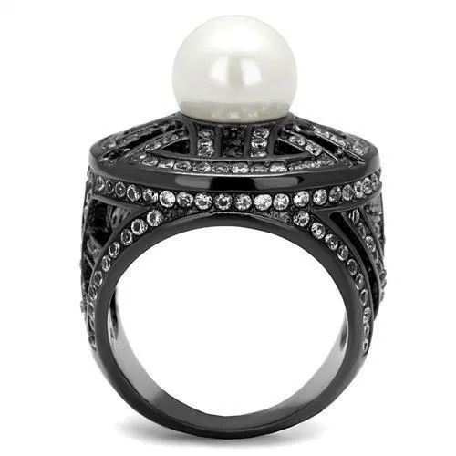 TK2771 IP Light Black IP Gun Stainless Steel Ring with Synthetic Pearl in White Alamode Rings