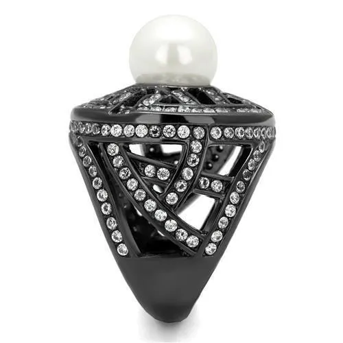 TK2771 IP Light Black IP Gun Stainless Steel Ring with Synthetic Pearl in White Alamode Rings