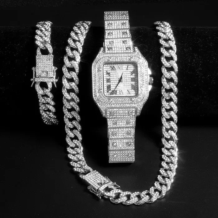VVS Jewelry Bracelets Iced out Cuban Chain Cuban Bracelet Bundle FREE Square Roman Watch