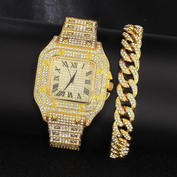 VVS Jewelry Bracelets Iced out Cuban Chain Cuban Bracelet Bundle FREE Square Roman Watch