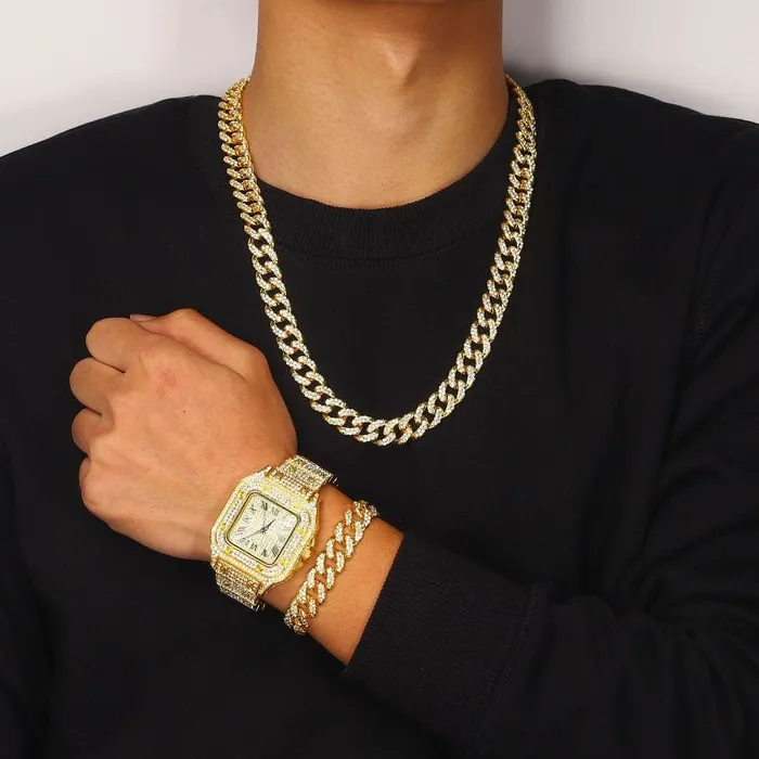 VVS Jewelry Bracelets Iced out Cuban Chain Cuban Bracelet Bundle FREE Square Roman Watch
